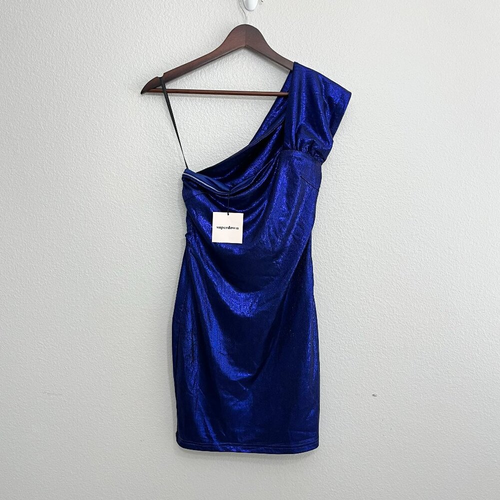 NWT superdown Tamia Asymmetrical Mini Dress Size Small Women's Metallic Blue